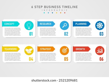 Infografía de negocios de 6 pasos Plantilla Letras cuadradas blancas a la izquierda Números en el cuadrado derecho Ángulo agudo superior izquierdo Multicolor con texto en el medio El círculo a la derecha tiene un ícono.