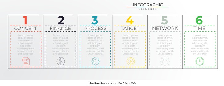 6 steps business infographic with thin line elements and icons. Timeline process template. Modern vector art for company or corporate business project and presentation. Trendy Eps10 design