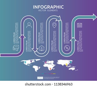 6 steps business infographic. timeline design template with arrow element and world map pin background concept with options. For content, diagram, flowchart, steps, parts, workflow layout, chart