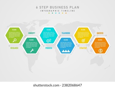 6 Schritte zur Geschäftsplanung für Erfolg Infografik Vorlage Multi farbige Hexagons mit weißen Rahmen Es ist ein Buchstabe in der Mitte. Graue Grundrisslinie unten