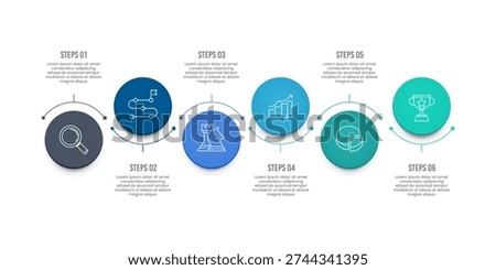 6 Steps circle and curve horizontal infographic design for your business data. Presentation, Timeline, Workflow, Marketing and Strategy. Vector illustration.
