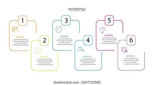 6 Steps circle and curve vertical infographic design for your business data. Presentation, Timeline, Workflow, Marketing and Strategy. Vector illustration.
