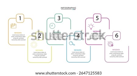 6 Steps circle and curve vertical infographic design for your business data. Presentation, Timeline, Workflow, Marketing and Strategy. Vector illustration.