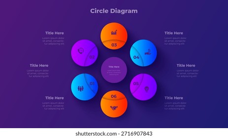 Modelo de apresentação de diagrama de círculo de 6 etapas com opções de processo de seis etapas no vetor de plano de fundo escuro.