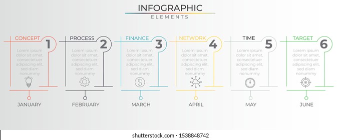 6 steps colorful thin line infographic with number, and icons elements. Timeline process template. Modern vector art for company or corporate business project and presentation. Trendy Eps10 design