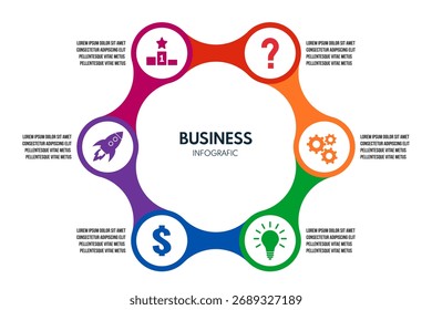 6 steps connected circles octagon, metaball cycle diagram infographic, report or presentation vector template, business process illustration