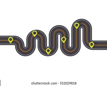 6 Steps Curved mountain serpentine asphalt road with pin-pointers. Vector EPS 10