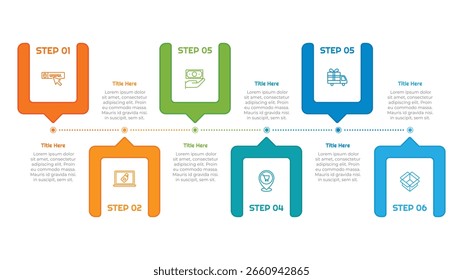 Elemento de infografía cuadrada plana de 6 pasos. Diseño moderno y limpio para presentaciones, informes y Web