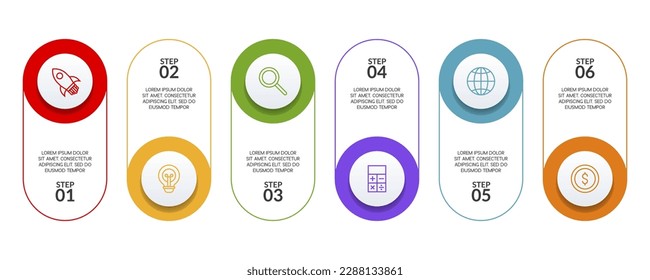 diagrama de flujo de 6 pasos Plantilla de diseño de infografías e iconos. utilizar como diagrama de procesos de flujo de trabajo, presentación de datos empresariales, diseño de línea de tiempo, hito, pancarta, folleto