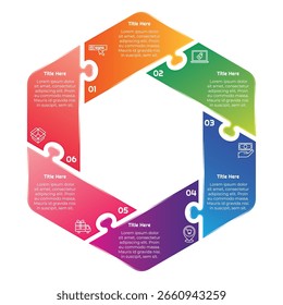 6 Steps Gradient Hexagon Puzzle Infographic Element. Modern and clean design for presentations, reports, and web