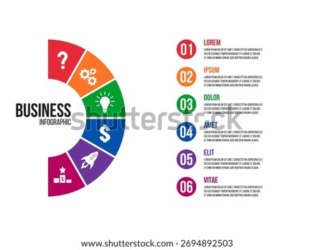 6 steps half circle sectors chart, cycle diagram inforgaphic, report or presentation vector template, business process illustration