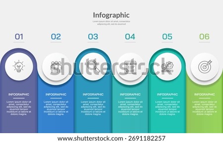 6 Steps horizontal business infographic template for corporate. Workflow, Presentation, Roadmap and Strategy. Vector illustration.