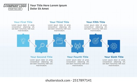 6 etapas Cronograma infográfico horizontal em um layout 16:9 para apresentações de negócios, gerenciamento e avaliação.