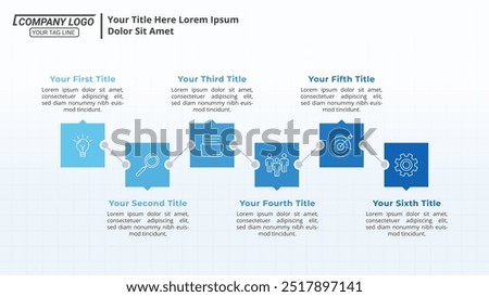 6 Steps Horizontal Infographic Timeline on a 16:9 Layout for Business Presentations, Management, and Evaluation.