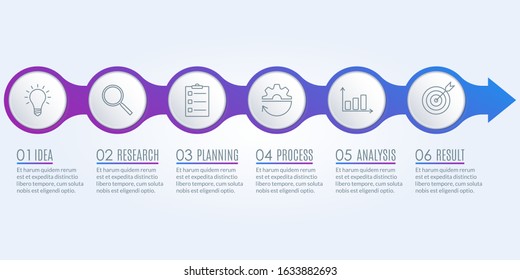 6 steps infographic. 6 circles with arrow. Template for diagram, banner, timeline infographics, flowchart, business presentation, workflow layout. Progress and development concept. Vector illustration