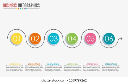 6 steps infographic design. Template for diagram, graph and chart. Timeline design with 6 levels, options, circles. Business presentation concept. Vector illustration.