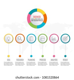6 steps infographic design. Template for diagram, graph and chart. Timeline design with 6 levels, options, circles. Business presentation concept. Vector illustration.