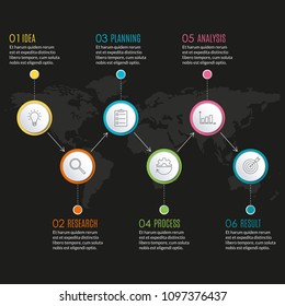 6 steps infographic design. Template for diagram, graph and chart. Timeline design with 6 levels, options, circles. Business presentation concept. Vector illustration.