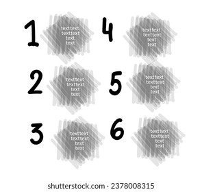 6 pasos infografía con cuadros de texto dibujados a mano. Textura de descomposición del pincel de marcador. El vector establece el fondo de los marcos dinámicos. Elementos de diseño para plantilla de medios sociales, banner web. 