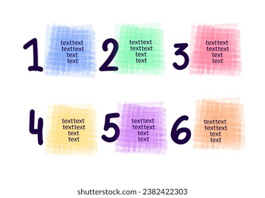 6 pasos infografía con cuadros de texto dibujados a mano. Textura de descomposición del pincel de marcador. El vector establece el fondo de los marcos dinámicos. Elementos de diseño para plantilla de medios sociales, banner web. 