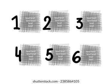 6 steps infographic with hand drawn text boxes. Marker Brush Grunge Texture. Vector set dynamic frames background. Design elements for social media template, web banner. 