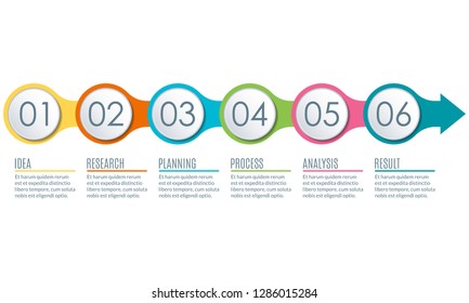 6 steps infographic. Modern template with circles and arrow for diagram, graph, chart and Timeline ifographics. Workflow layout and business presentation concept with 6 option. Vector illustration.