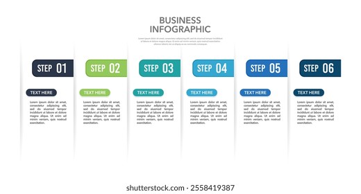6 Steps Infographic to Showcase Your Business Journey and Growth. Presentation, Data, Information, Strategy, Timeline, Milestone and Plan. Vector illustration.
