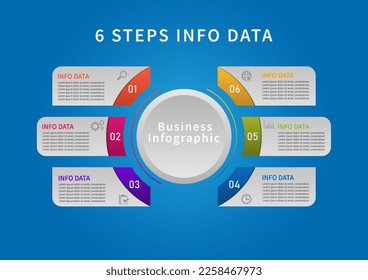 6 steps infographic Successfully finding business management information with a circle in the middle Icons and numbers on a blue gradient background.