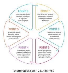 6 steps infographic template. Five points, options with colorful circular options fragments connected to each other by lines and sample text - vector chart