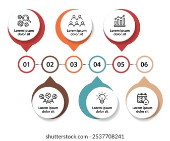 6 steps infographic template with 6 options. Flowchart that can be used for business report, data visualization and presentation. Timeline infographic elements vector illustration.