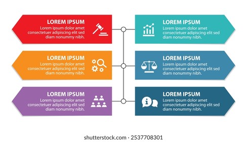 6-stufige Infografik-Vorlage mit 6 Optionen. Flussdiagramm, das für Geschäftsberichte, Datenvisualisierung und Präsentation verwendet werden kann. Infografische Elemente der Zeitleiste, Vektorgrafik.