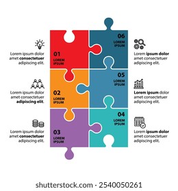 6 steps infographic template with 6 options. Flowchart that can be used for business report, data visualization and presentation. Timeline infographic elements vector illustration. Puzzles concept.