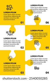 6 passos infográfico modelo com 6 opções. Fluxograma que pode ser usado para apresentação, visualização e relatório de negócios. Ilustração vetorial dos elementos infográficos da linha do tempo. Conceito de quebra-cabeças.