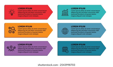 6 passos infográfico modelo com 6 opções. Fluxograma que pode ser usado para apresentação, visualização e relatório de negócios. Ilustração vetorial dos elementos infográficos da linha do tempo.