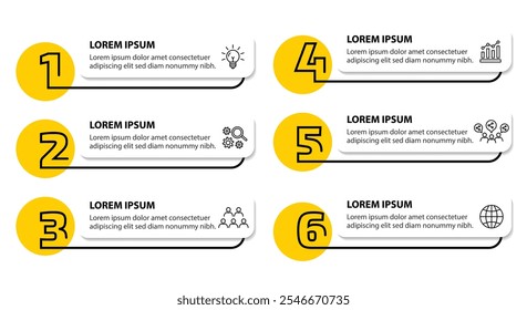 6-stufige Infografik-Vorlage mit 6 Optionen. Flussdiagramm, das für Geschäftsberichte, Datenvisualisierung und Präsentation verwendet werden kann. Infografische Elemente der Zeitleiste, Vektorgrafik.