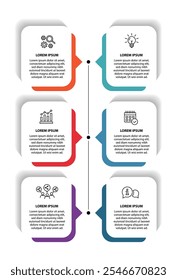 6 steps infographic template with 6 options. Flowchart that can be used for business report, data visualization and presentation. Timeline infographic elements vector illustration.