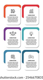 6 passos infográfico modelo com 6 opções. Fluxograma que pode ser usado para apresentação, visualização e relatório de negócios. Ilustração vetorial dos elementos infográficos da linha do tempo.