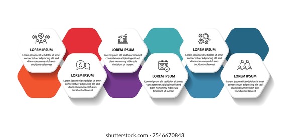 Plantilla de infografía de 6 pasos con 6 opciones. Diagrama de flujo que se puede utilizar para informes de negocio, visualización de datos y presentación. Ilustración vectorial de elementos infográficos de línea de tiempo.