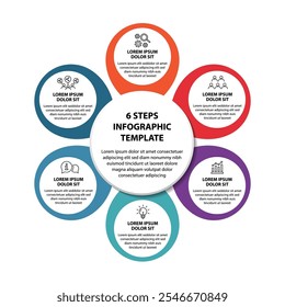 6 steps infographic template with 6 options. Flowchart that can be used for business report, data visualization and presentation. Timeline infographic elements vector illustration.