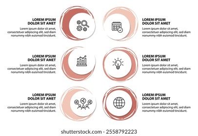 6 steps infographic template with 6 options. Flowchart that can be used for business report, data visualization and presentation. Timeline infographic elements vector illustration.