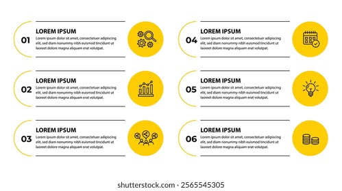 6 steps infographic template with 6 options. Flowchart that can be used for business report, data visualization and presentation. Timeline infographic elements vector illustration.