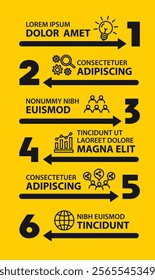 6 steps infographic template with 6 options. Flowchart that can be used for business report, data visualization and presentation. Timeline infographic elements vector illustration.