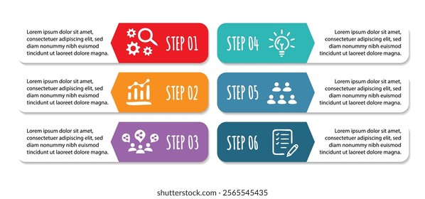 6 steps infographic template with 6 options. Flowchart that can be used for business report, data visualization and presentation. Timeline infographic elements vector illustration.