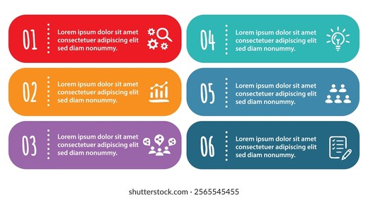 6 steps infographic template with 6 options. Flowchart that can be used for business report, data visualization and presentation. Timeline infographic elements vector illustration.