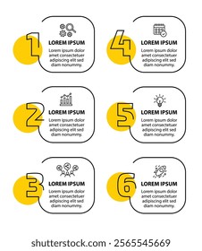 6 steps infographic template with 6 options. Flowchart that can be used for business report, data visualization and presentation. Timeline infographic elements vector illustration.