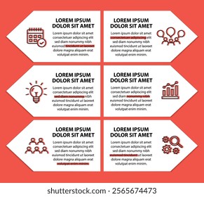 6 steps infographic template with 6 options. Flowchart that can be used for business report, data visualization and presentation. Timeline infographic elements vector illustration.