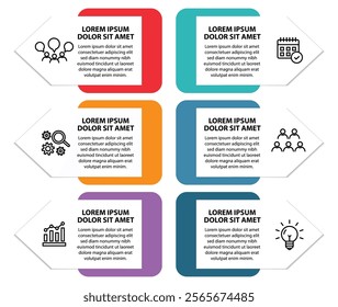 6 steps infographic template with 6 options. Flowchart that can be used for business report, data visualization and presentation. Timeline infographic elements vector illustration.