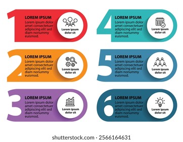 6 steps infographic template with 6 options. Flowchart that can be used for business report, data visualization and presentation. Timeline infographic elements vector illustration.