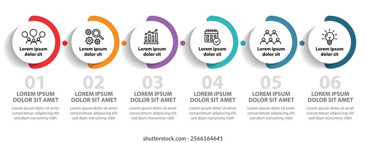 6 steps infographic template with 6 options. Flowchart that can be used for business report, data visualization and presentation. Timeline infographic elements vector illustration.