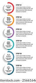 6 steps infographic template with 6 options. Flowchart that can be used for business report, data visualization and presentation. Timeline infographic elements vector illustration.